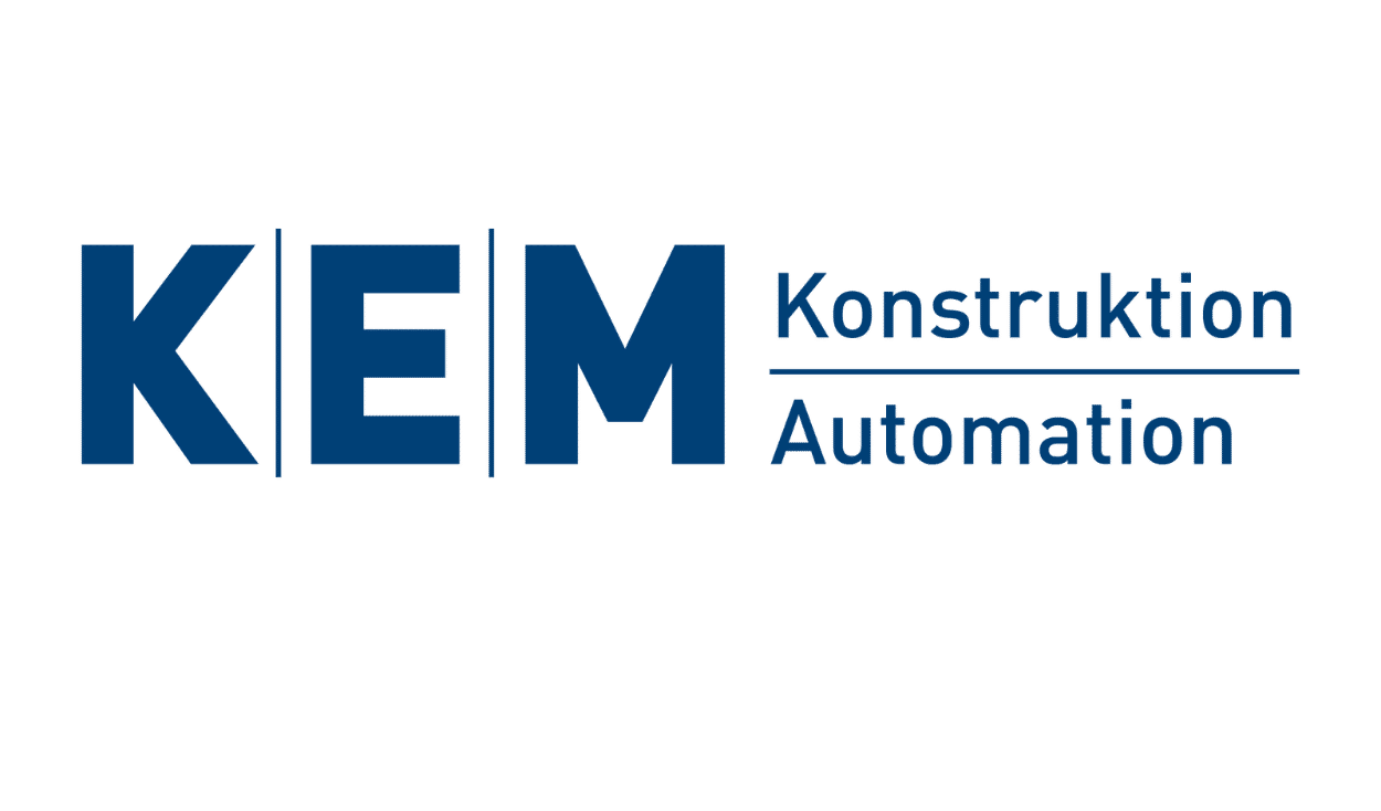 Das Logo der KEM Konstruktion|Automation in einer blauen Schrift auf einem weißen Hintergrund.
