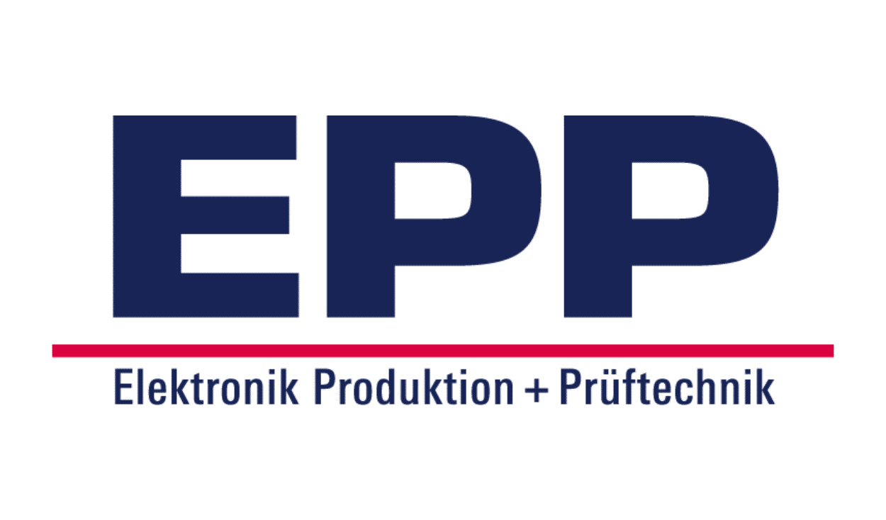 Das Wortbild-Logo der EPP: Die Buchstaben EPP in blauer Schrift auf weißem Hintergrund. Unter den Buchstaben ziert ein magentafarbenen Strich das Logo, der durch die blaue Schrift „Elektronik Produktion + Prüftechnik“ ergänzt wird.