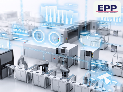 Production line with robots and machines in an electronics production hall with digital graphics and diagrams superimposed
