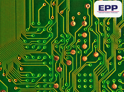Close-up of a green printed circuit board with gold-colored traces and solder joints, as well as a white EPP logo in the upper right corner