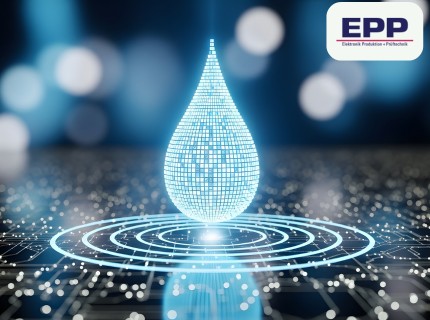 Leuchtende, digitale Wassertropfenform über kreisförmigen, leuchtenden Linien auf dunklem, unscharfem Hintergrund; rechts oben Logo mit Schriftzug 'EPP Elektronik Produktion + Prüftechnik'.