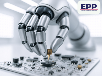 Robotic hand holding a tiny electronic component above a circuit board with several components, with the logo ‘EPP Elektronik Produktion Pichlmair’ in the top right corner.