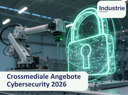 Industrieroboterarm neben leuchtendem, digitalem Vorhängeschloss aus grünen Linienpunkten in Fabrikumgebung.