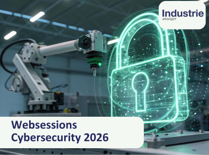 Industrieroboterarm neben leuchtendem, digitalem Vorhängeschloss aus grünen Linienpunkten in Fabrikumgebung.