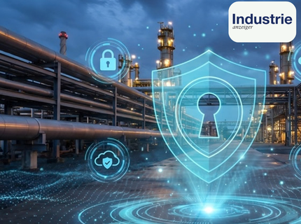 Industrieanlage mit digitalen Symbolen für Cybersicherheit, darunter ein großes Schild mit Schlüsselloch, Schloss und Wolke mit Herz