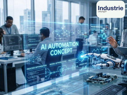 Büroszene mit mehreren Personen vor Computern und einer transparenten digitalen Anzeige mit dem Text 'AI AUTOMATION CONCEPT' und technischen Grafiken