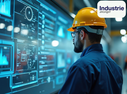 Mann mit gelbem Helm betrachtet digitale Displays mit technischen Daten und Grafiken in einer industriellen Umgebung. 'Industrieanzeiger' Logo oben rechts.