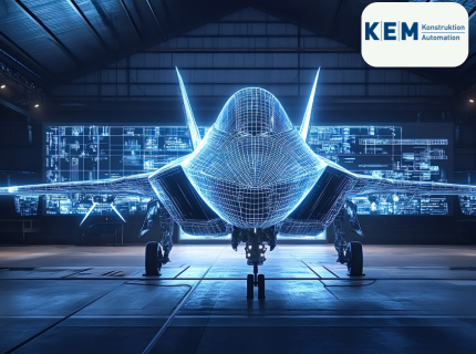 Drahtgittermodell eines Kampfflugzeugs in einer Hangarhalle mit digitaler Anzeige im Hintergrund und Logo 'KEM Konstruktion Automation'