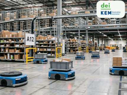 Große Lagerhalle mit Regalen und mehreren autonomen Transportrobotern, die Behälter und Kartons bewegen