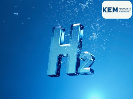 H2-Logo auf blauem Hintergrund, klar und deutlich sichtbar, symbolisiert Innovation und Technologie.