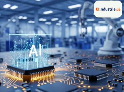 Leuchtender holografischer Würfel mit den Buchstaben AI auf einer Leiterplatte vor einem Industrieroboter in einer Fabrikumgebung