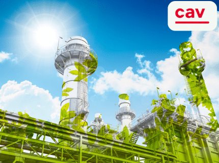 Industrial plant with smokestacks and green foliage design against a blue sky. Sun is shining. "CAV" logo in the top right corner.