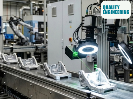 Fertigungslinie mit mehreren Metallteilen auf einem Förderband und einer Kamera mit Ringlicht zur Bildverarbeitung in einer Industriehalle
