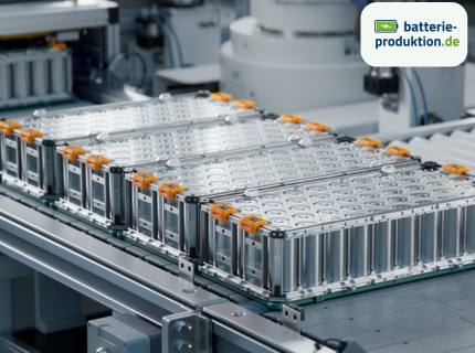 Mehrere Batteriemodule in einer Produktionslinie, angeordnet in Reihen mit orangefarbenen Halterungen. Im Hintergrund sind Maschinen sichtbar.