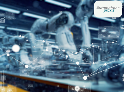 Roboterarme in einer Produktionslinie mit überlagerten digitalen Netzwerkknoten und Diagrammen