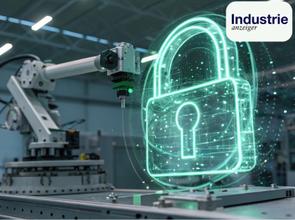 Roboterarm in einer Smart Factory mit digitalem Vorhängeschloss als Symbol für industrielle Cybersicherheit