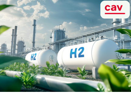 Zwei große, weiße Wasserstofftanks mit der Aufschrift 'H2' stehen in einer Industrieanlage, umgeben von grünen Pflanzen. Im Hintergrund sind weitere Industriegebäude und Rohre sichtbar. Das Logo 'cav' ist oben rechts.