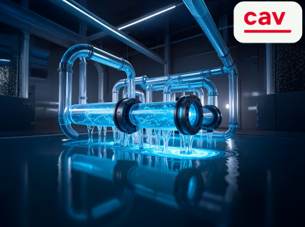 Transparente Rohre mit Wasserfluss, die in einem modernen Raum angeordnet sind. Logo 'cav' oben rechts.
