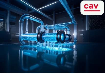 Transparente Rohre mit Wasserfluss, die in einem modernen Raum angeordnet sind. Logo 'cav' oben rechts.