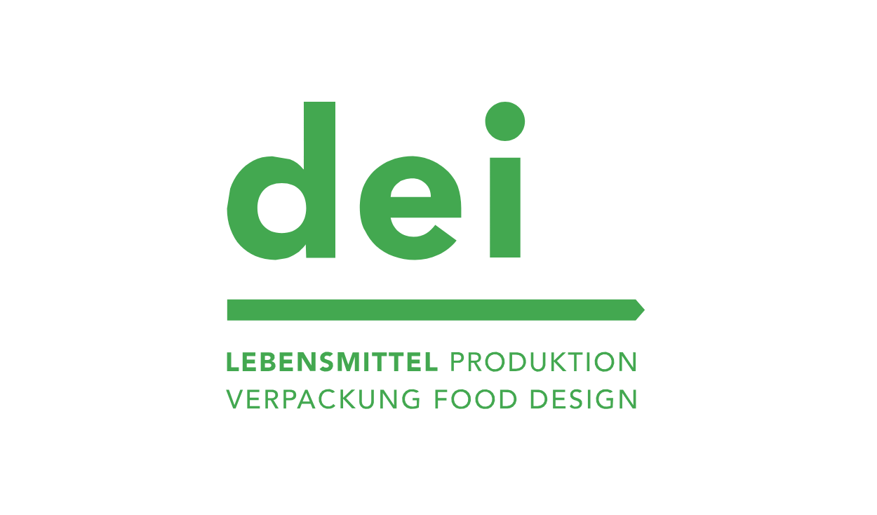 Das Wortbild-Logo der „dei“ in Grün mit einem grünem Pfeil nach rechts darunter.