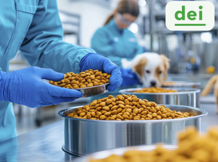 Mitarbeitende in blauer Schutzkleidung und Handschuhen befüllen Edelstahlschalen mit Trockenfutter in einer modernen Produktionsanlage für Heimtiernahrung; im Hintergrund ein Hund und das dei-Logo