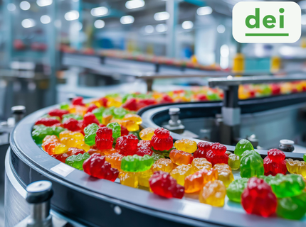 Bunte Gummibärchen auf einem Förderband in einer Fabrikhalle