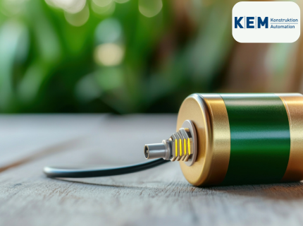 Grüne und goldene Batterie mit einem Kabel, auf einem Holzuntergrund platziert, unscharfer grüner Hintergrund.
