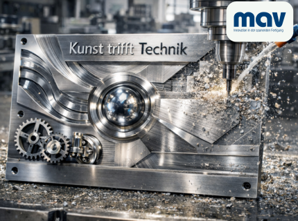 Metal plate engraved with the words “Art meets technology” and mechanical gears in front of a milling machine with chips