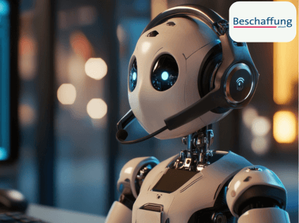 Ein humanoider Roboter mit großen, leuchtenden Augen und einem Headset sitzt vor einem Computer. Oben rechts ist das Logo 'Beschaffung aktuell' sichtbar.