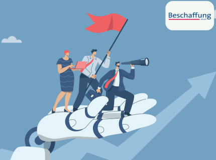 A group of three people are standing on a large hand. One person is holding a laptop, another is holding binoculars, and the third is holding a red flag. Clouds and an upward-pointing arrow can be seen in the background. The words “Procurement Update” are written in the top right corner.